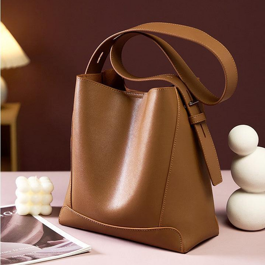 Brown genuine leather square bucket bag with adjustable shoulder strap