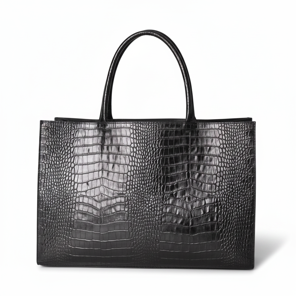 Noir Croc Tote – White Background with Shadow