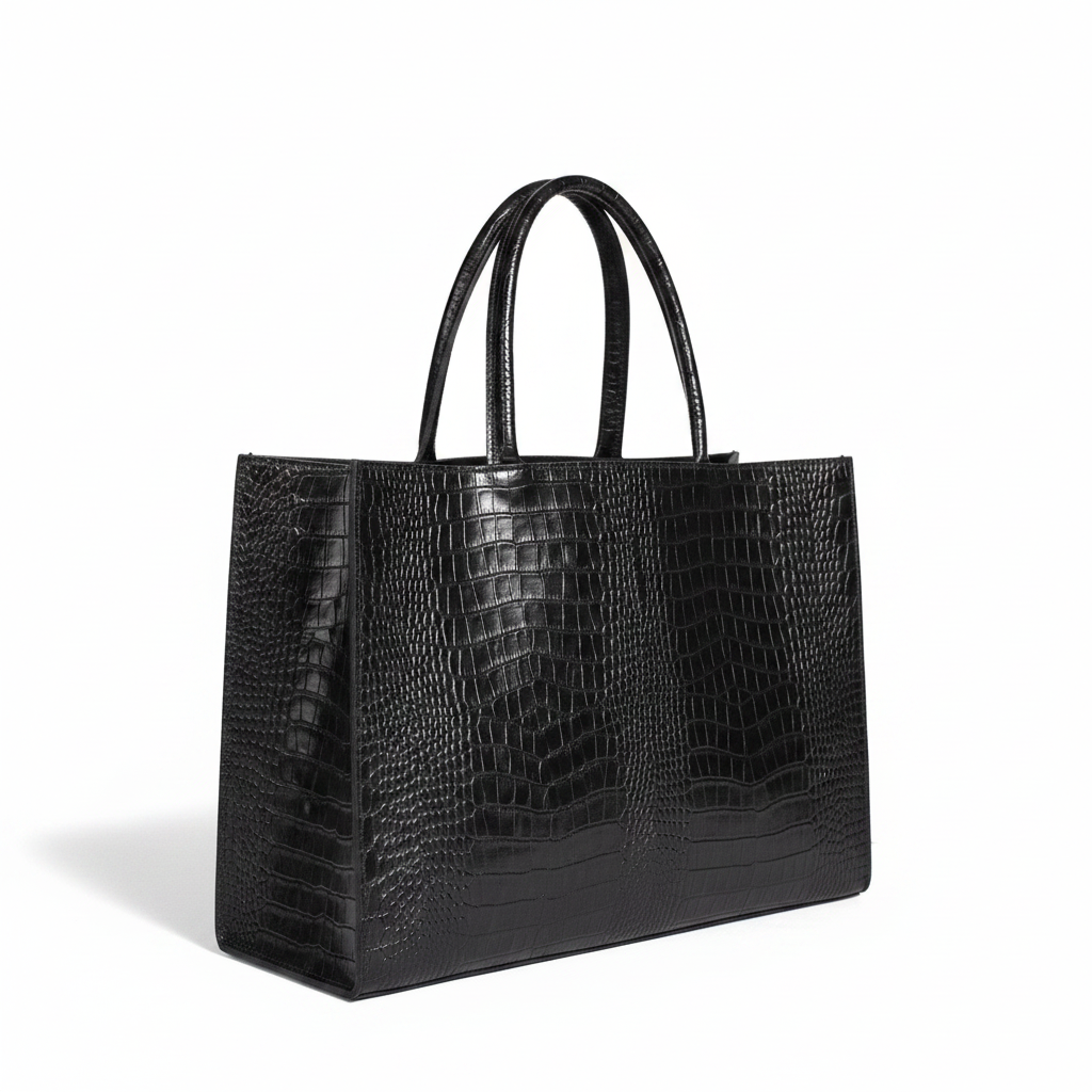 Noir Croc Tote – Side Angle, White BG, Full Handles