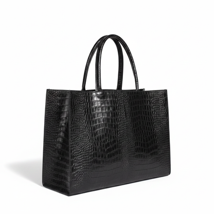 Noir Croc Tote – Side Angle, White BG, Full Handles