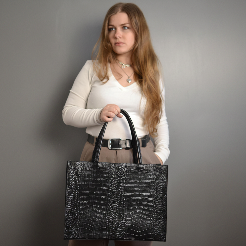 Noir Croc Tote – Model Shot Resized to 1:1